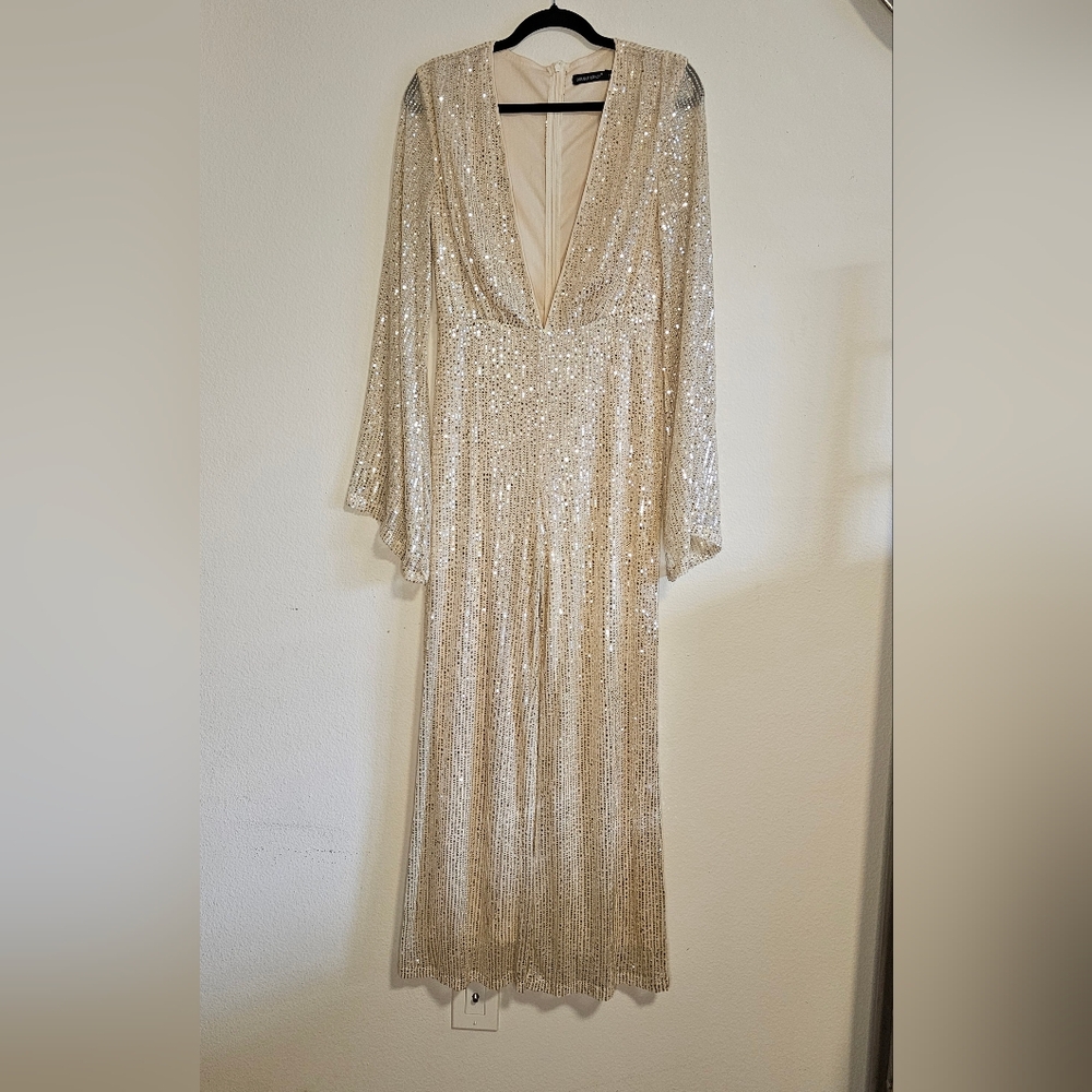 Double Crazy-Sequin Jumpsuit in Silver-S-NWOT